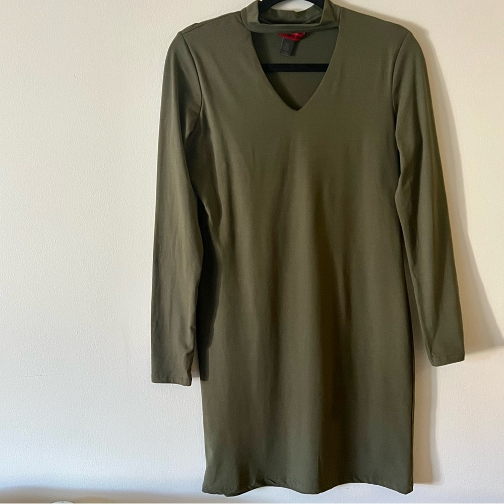 Hot Kiss Choker Neck LS Olive Green Tunic/Dress size L EUC